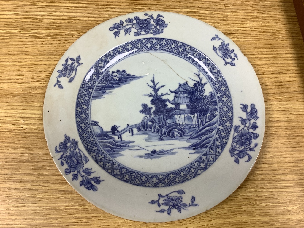 Two Chinese blue and white dishes, a famille rose vase and two Cantonese dishes, largest 23cm